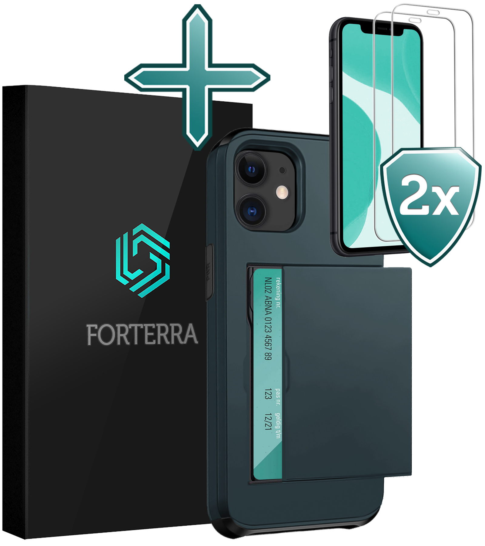 Forterra Hoesje Geschikt voor iPhone 11 Pashouder Hard Case Hoes Met 2x Screenprotector - Hoes Geschikt voor iPhone 11 Hoesje Back Cover Met Pasjeshouder - Donker Blauw