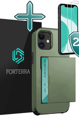 Forterra Hoesje Geschikt voor iPhone 11 Pashouder Hard Case Hoes Met 2x Screenprotector - Hoes Geschikt voor iPhone 11 Hoesje Back Cover Met Pasjeshouder - Donker Groen