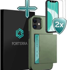 Forterra Forterra iPhone 11 Hoesje Pashouder Hard Met 2x Screenprotector - Donker Groen