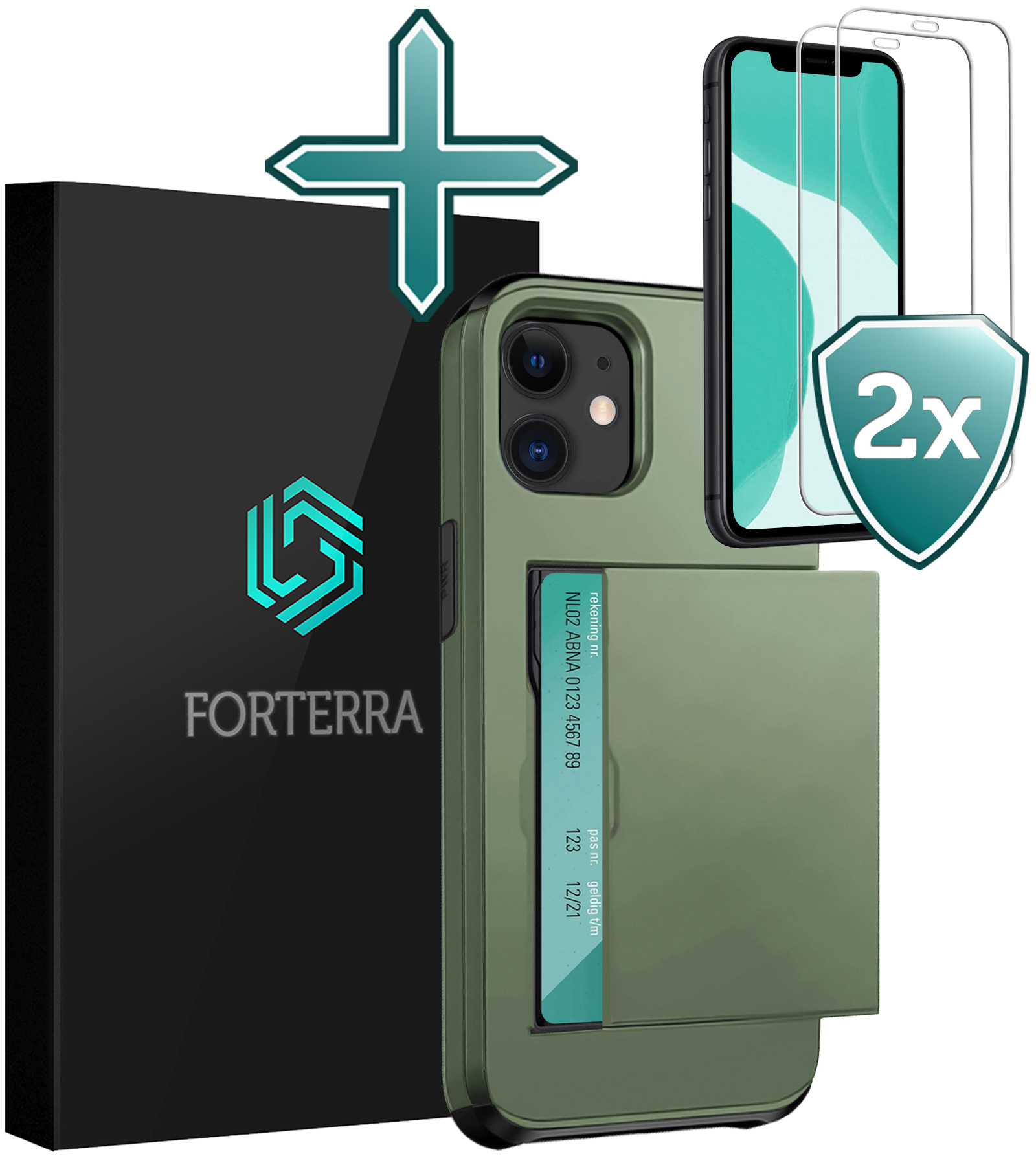 Forterra Hoesje Geschikt voor iPhone 11 Pashouder Hard Case Hoes Met 2x Screenprotector - Hoes Geschikt voor iPhone 11 Hoesje Back Cover Met Pasjeshouder - Donker Groen