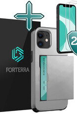 Forterra Hoesje Geschikt voor iPhone 11 Pashouder Hard Case Hoes Met 2x Screenprotector - Hoes Geschikt voor iPhone 11 Hoesje Back Cover Met Pasjeshouder - Grijs