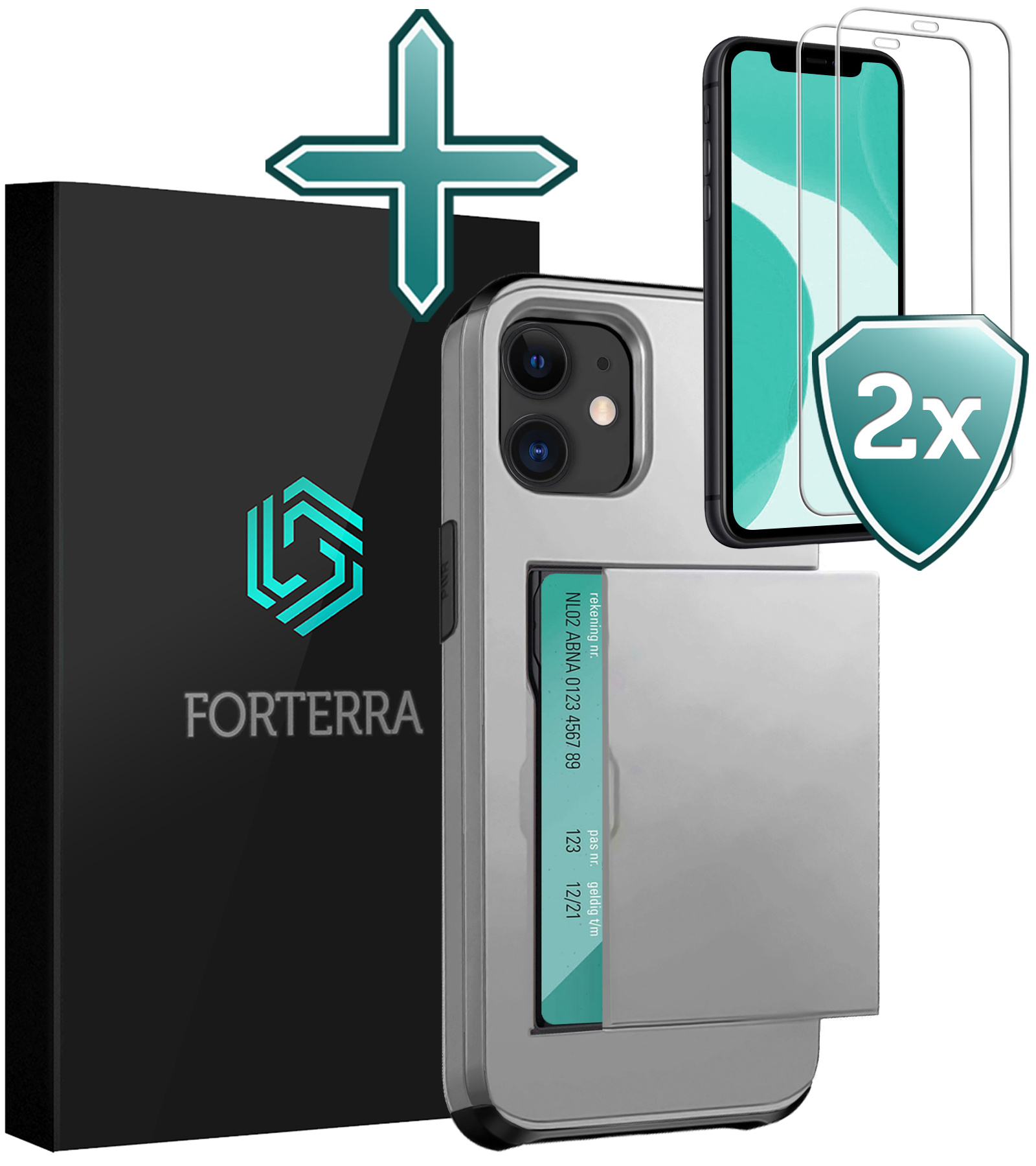 Forterra Hoesje Geschikt voor iPhone 11 Pashouder Hard Case Hoes Met 2x Screenprotector - Hoes Geschikt voor iPhone 11 Hoesje Back Cover Met Pasjeshouder - Grijs