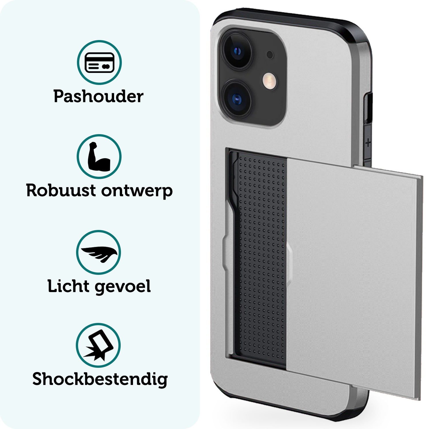 Forterra Hoesje Geschikt voor iPhone 11 Pashouder Hard Case Hoes Met 2x Screenprotector - Hoes Geschikt voor iPhone 11 Hoesje Back Cover Met Pasjeshouder - Grijs