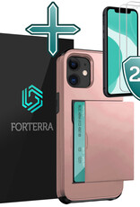 Forterra Hoesje Geschikt voor iPhone 11 Pashouder Hard Case Hoes Met 2x Screenprotector - Hoes Geschikt voor iPhone 11 Hoesje Back Cover Met Pasjeshouder - Rosé Goud
