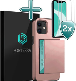 Forterra Forterra iPhone 11 Hoesje Pashouder Hard Met 2x Screenprotector - Rosé Goud