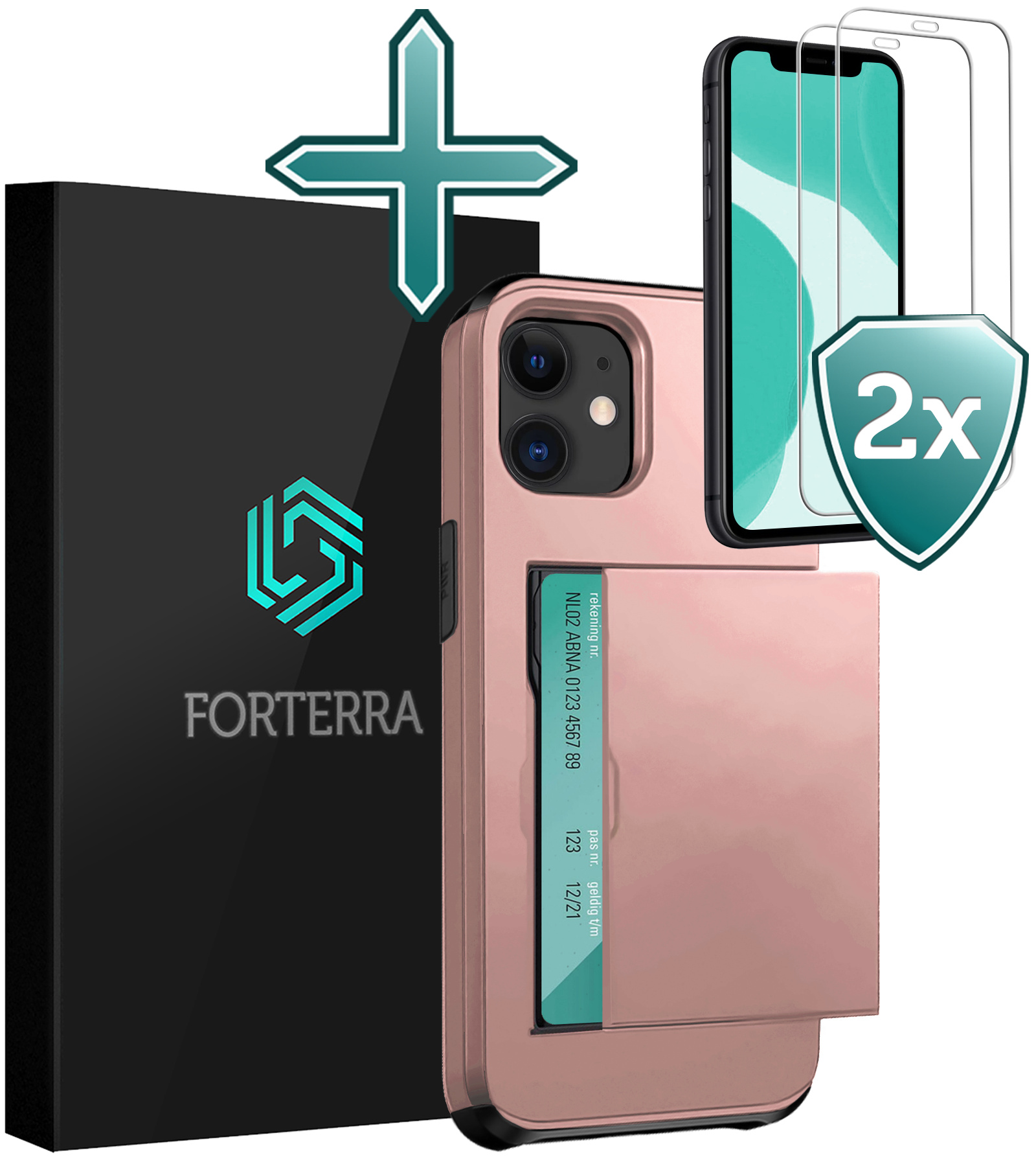Forterra Hoesje Geschikt voor iPhone 11 Pashouder Hard Case Hoes Met 2x Screenprotector - Hoes Geschikt voor iPhone 11 Hoesje Back Cover Met Pasjeshouder - Rosé Goud