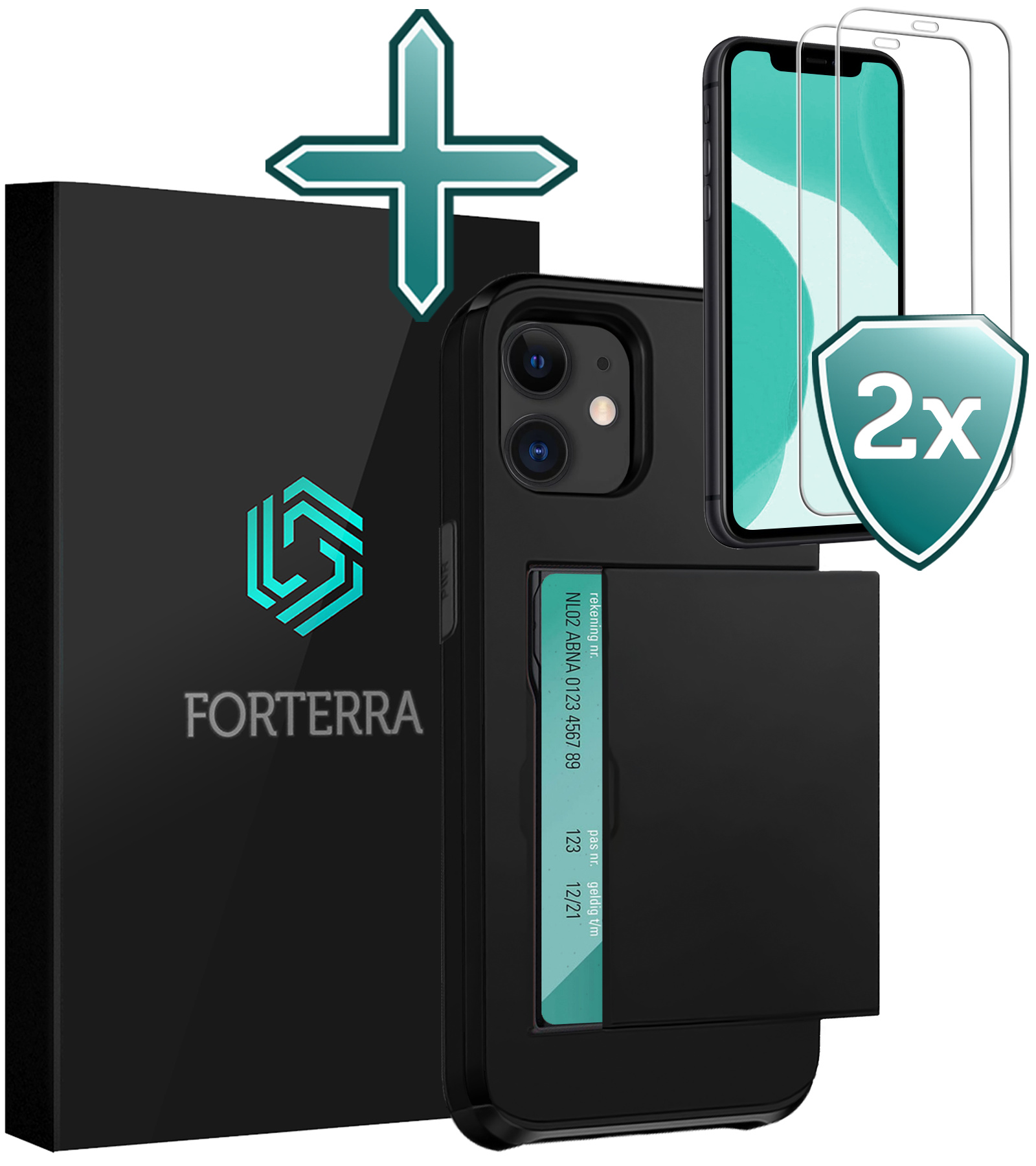 Forterra Hoesje Geschikt voor iPhone 11 Pashouder Hard Case Hoes Met 2x Screenprotector - Hoes Geschikt voor iPhone 11 Hoesje Back Cover Met Pasjeshouder - Zwart