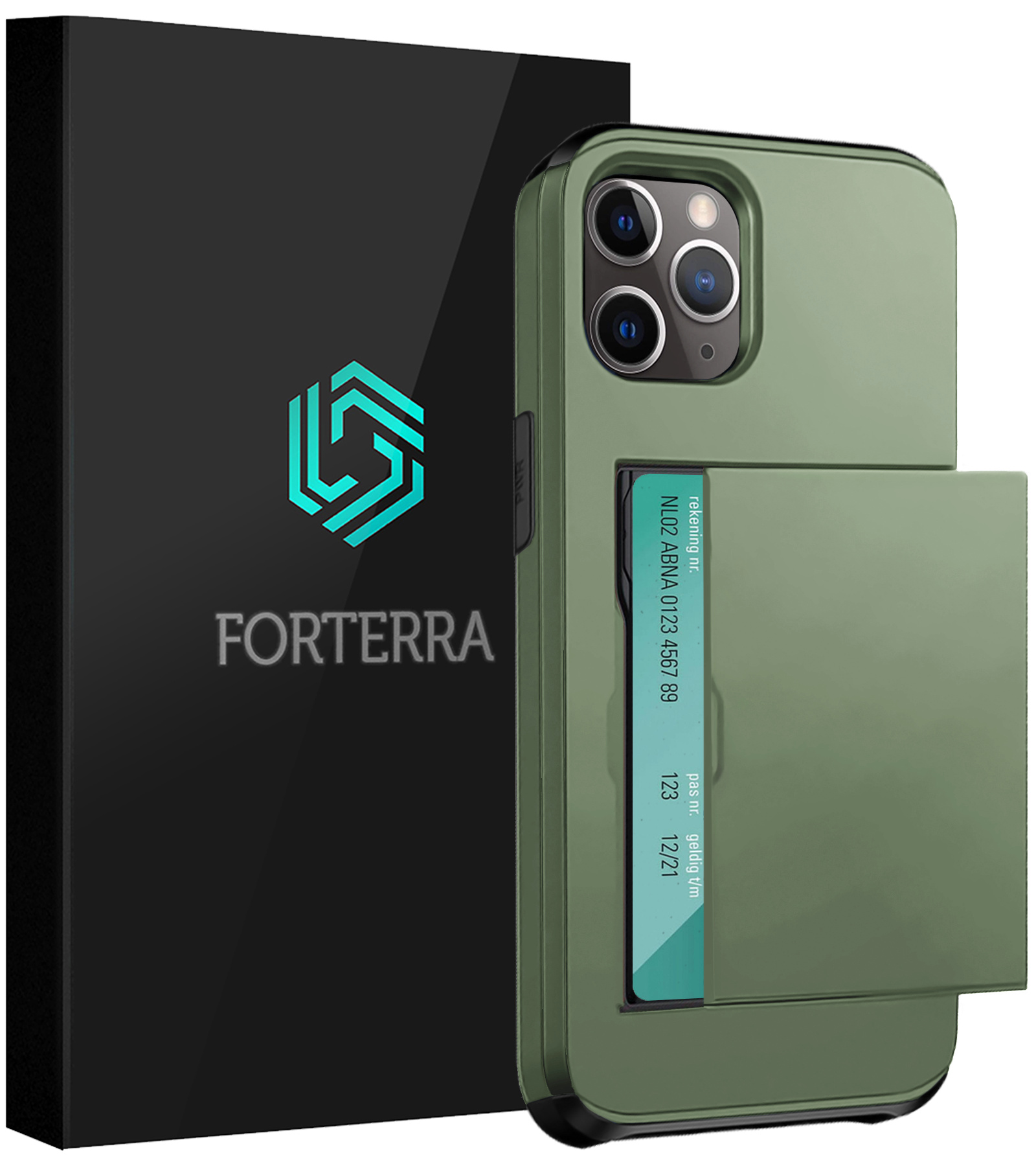 Forterra Hoesje Geschikt voor iPhone 11 Pro Pashouder Hard Case Hoes - Hoes Geschikt voor iPhone 11 Pro Hoesje Back Cover Met Pasjeshouder - Donker Groen