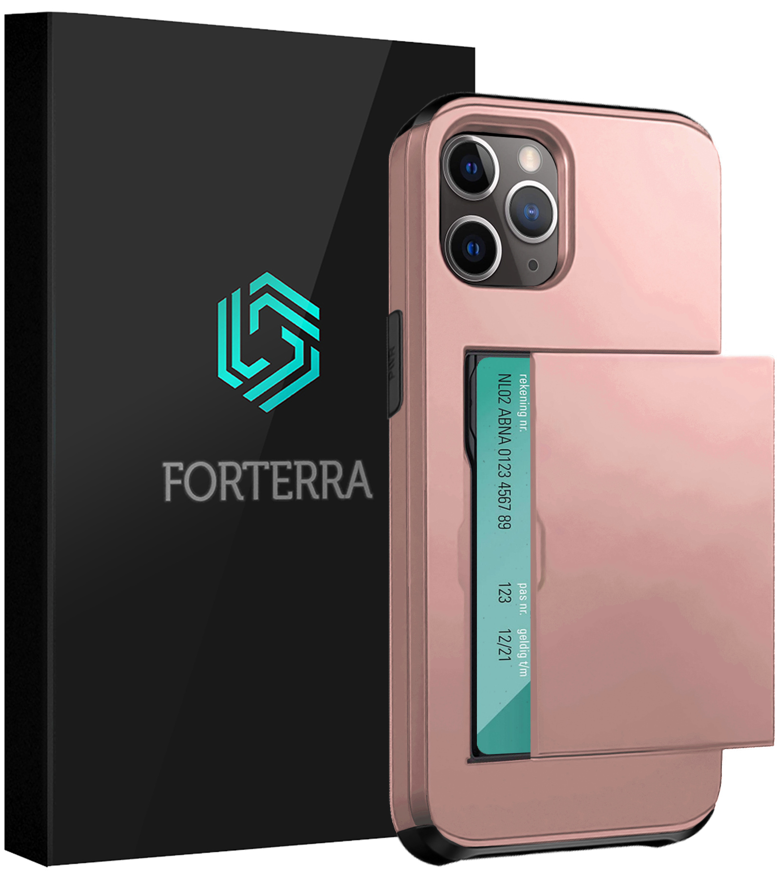 Forterra Hoesje Geschikt voor iPhone 11 Pro Pashouder Hard Case Hoes - Hoes Geschikt voor iPhone 11 Pro Hoesje Back Cover Met Pasjeshouder - Rosé Goud