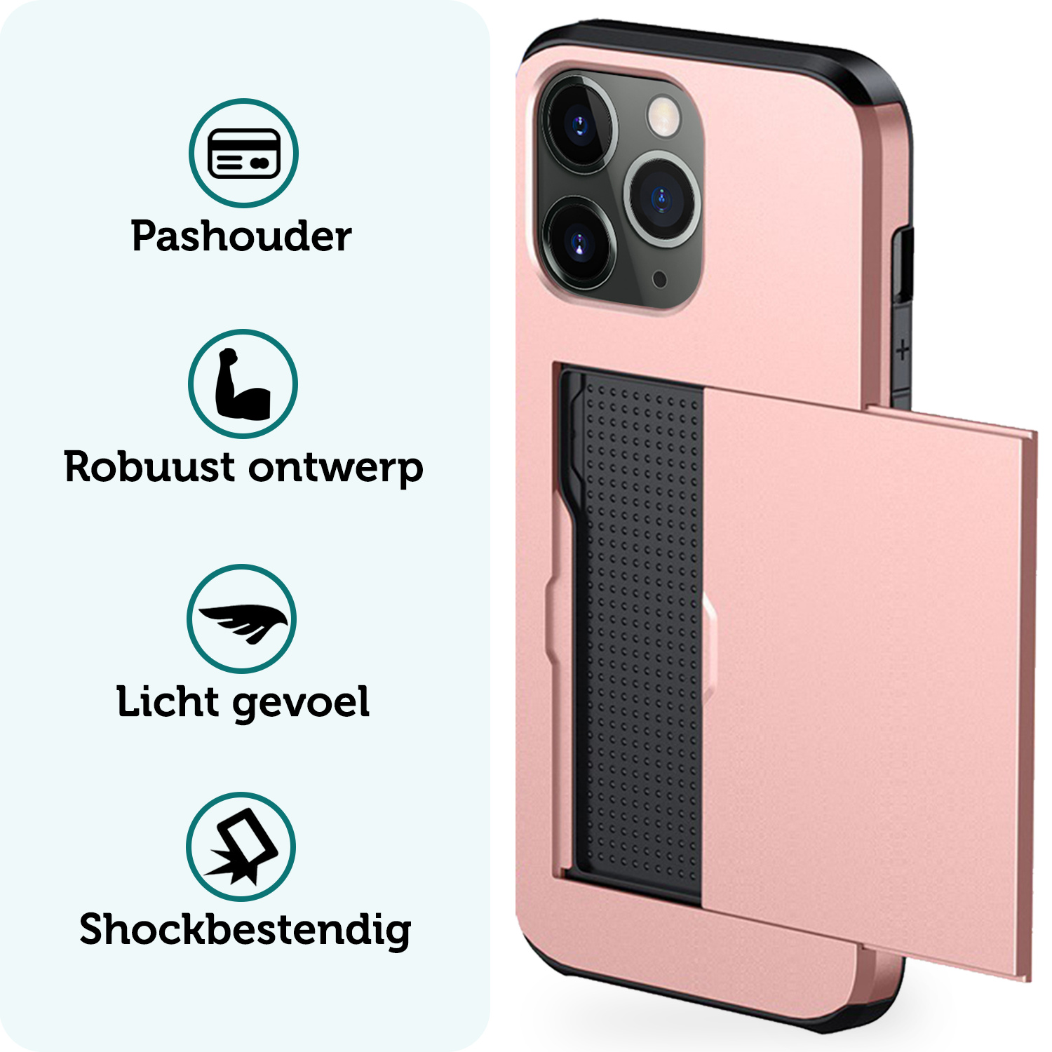 Forterra Hoesje Geschikt voor iPhone 11 Pro Pashouder Hard Case Hoes - Hoes Geschikt voor iPhone 11 Pro Hoesje Back Cover Met Pasjeshouder - Rosé Goud