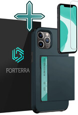Forterra Hoesje Geschikt voor iPhone 11 Pro Pashouder Hard Case Hoes Met Screenprotector - Hoes Geschikt voor iPhone 11 Pro Hoesje Back Cover Met Pasjeshouder - Donker Blauw