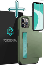 Forterra Hoesje Geschikt voor iPhone 11 Pro Pashouder Hard Case Hoes Met Screenprotector - Hoes Geschikt voor iPhone 11 Pro Hoesje Back Cover Met Pasjeshouder - Donker Groen