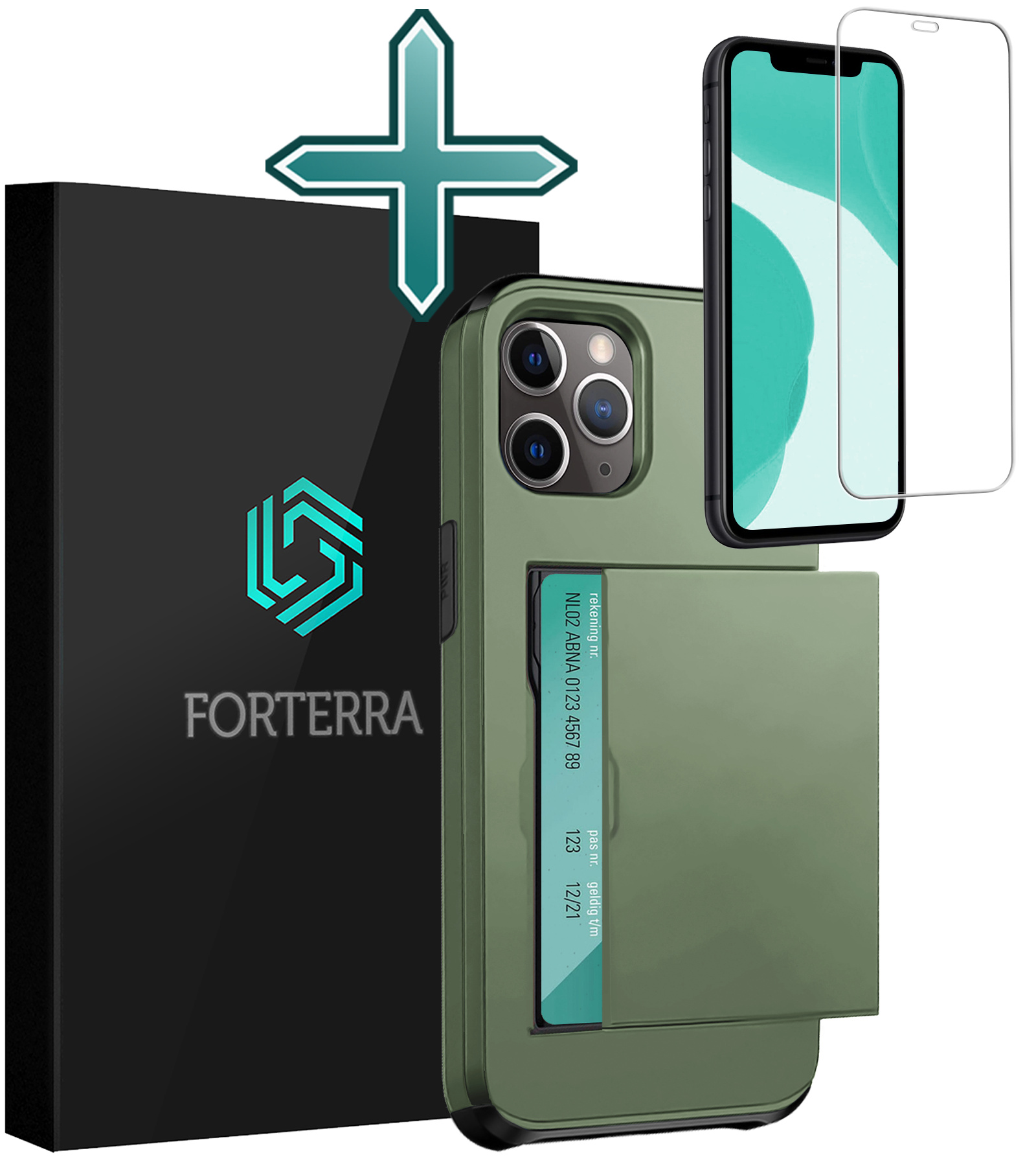 Forterra Hoesje Geschikt voor iPhone 11 Pro Pashouder Hard Case Hoes Met Screenprotector - Hoes Geschikt voor iPhone 11 Pro Hoesje Back Cover Met Pasjeshouder - Donker Groen