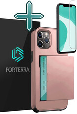 Forterra Hoesje Geschikt voor iPhone 11 Pro Pashouder Hard Case Hoes Met Screenprotector - Hoes Geschikt voor iPhone 11 Pro Hoesje Back Cover Met Pasjeshouder - Rosé Goud