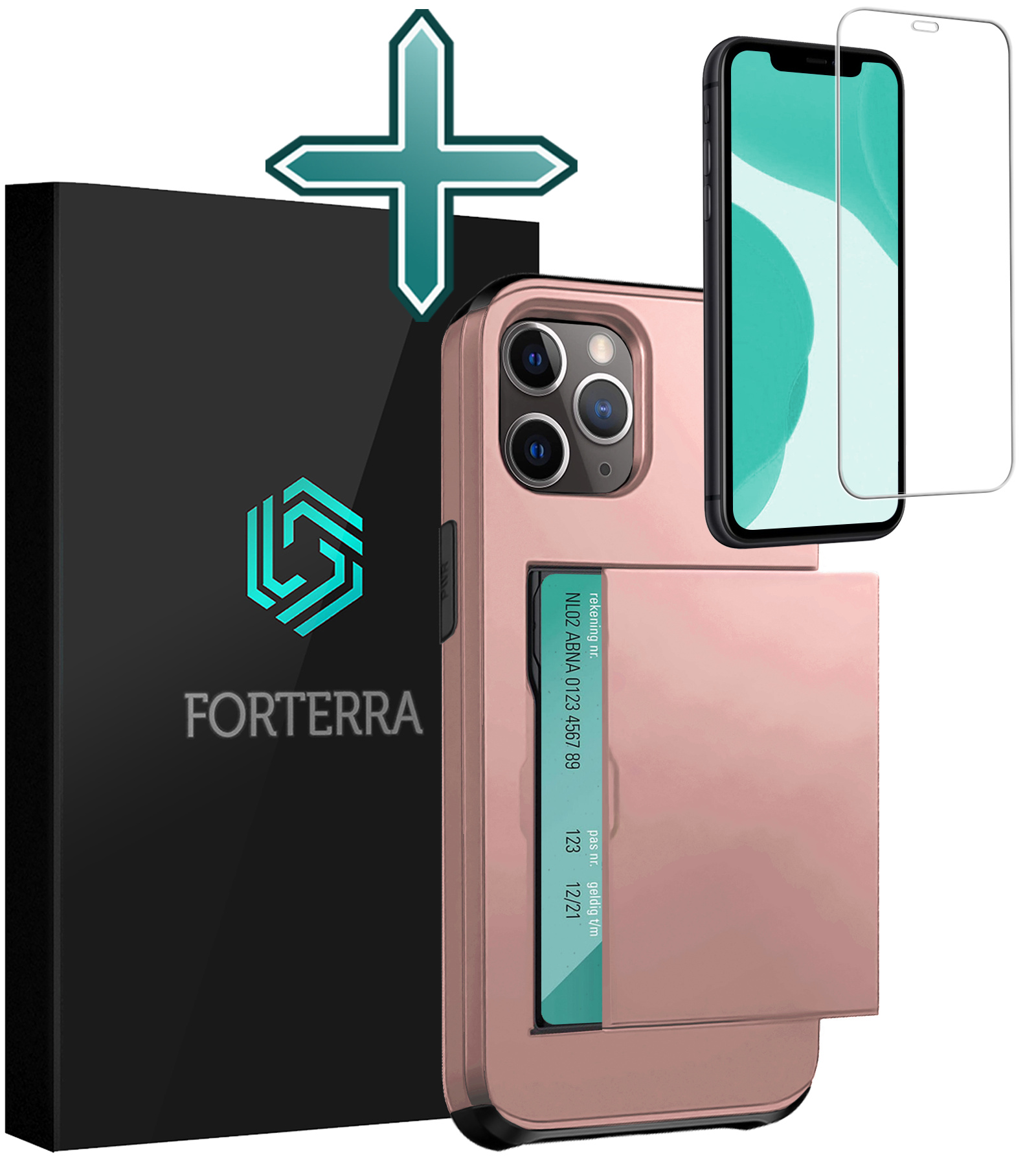 Forterra Hoesje Geschikt voor iPhone 11 Pro Pashouder Hard Case Hoes Met Screenprotector - Hoes Geschikt voor iPhone 11 Pro Hoesje Back Cover Met Pasjeshouder - Rosé Goud