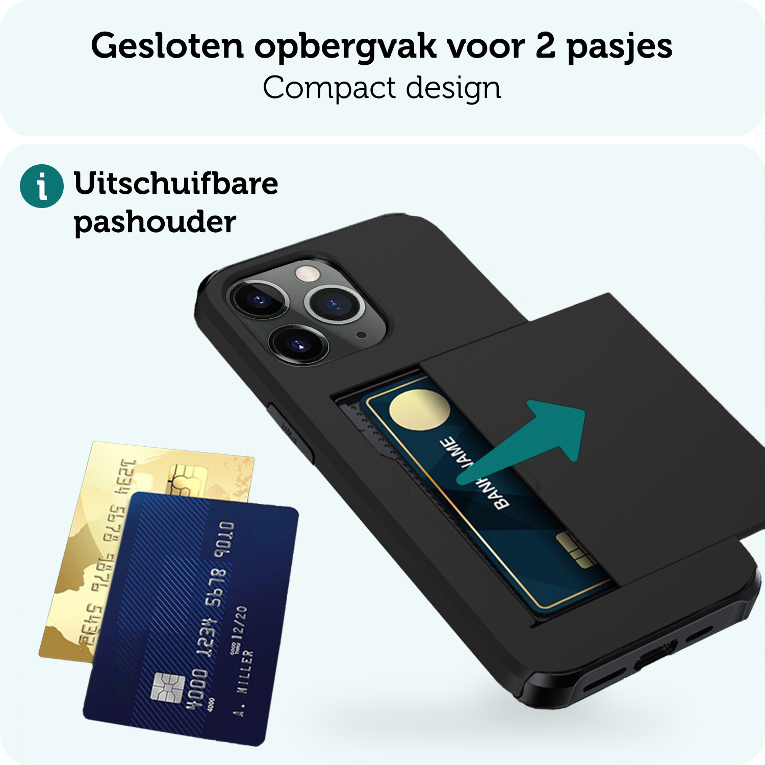 Forterra Hoesje Geschikt voor iPhone 11 Pro Pashouder Hard Case Hoes Met Screenprotector - Hoes Geschikt voor iPhone 11 Pro Hoesje Back Cover Met Pasjeshouder - Zwart