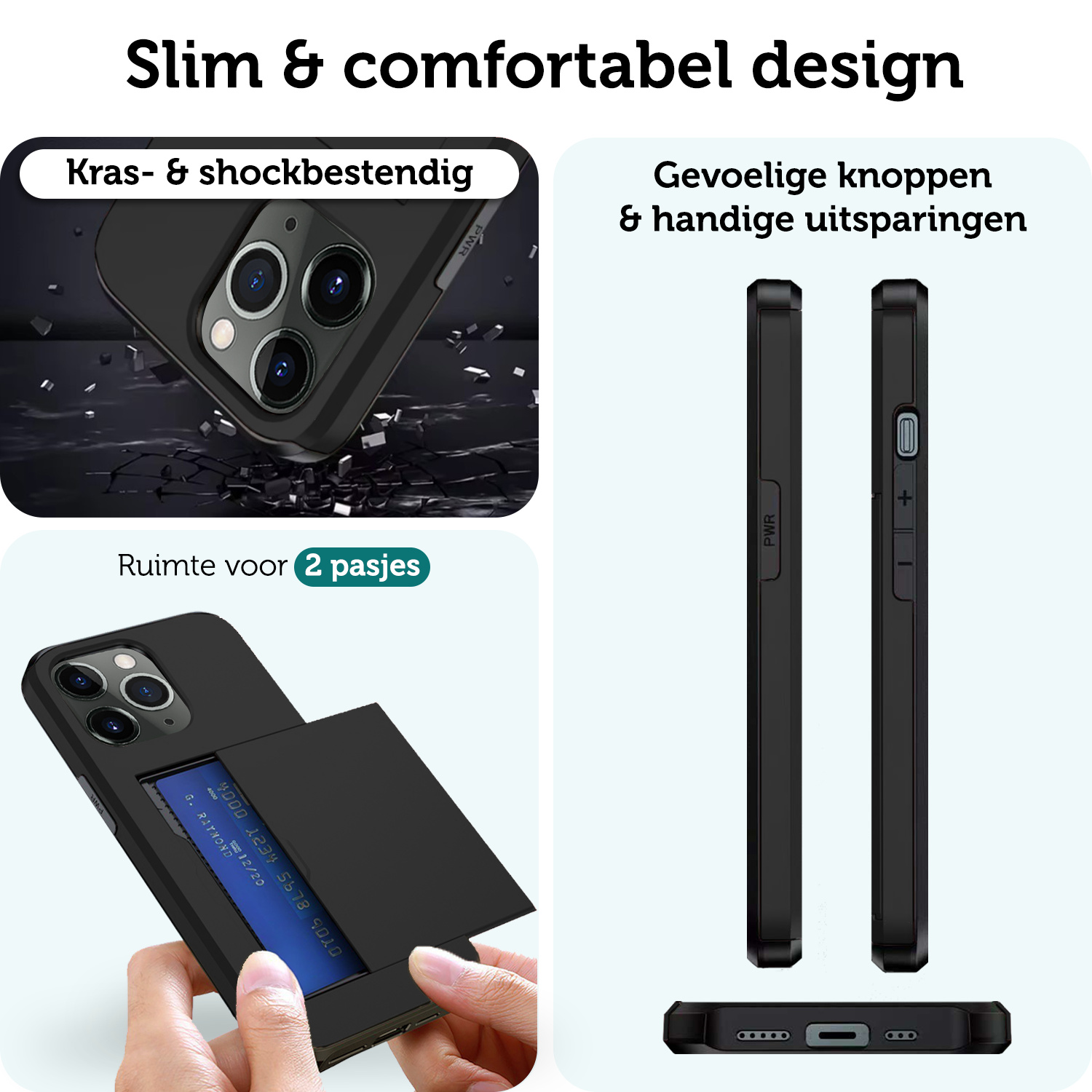 Forterra Hoesje Geschikt voor iPhone 11 Pro Pashouder Hard Case Hoes Met Screenprotector - Hoes Geschikt voor iPhone 11 Pro Hoesje Back Cover Met Pasjeshouder - Zwart