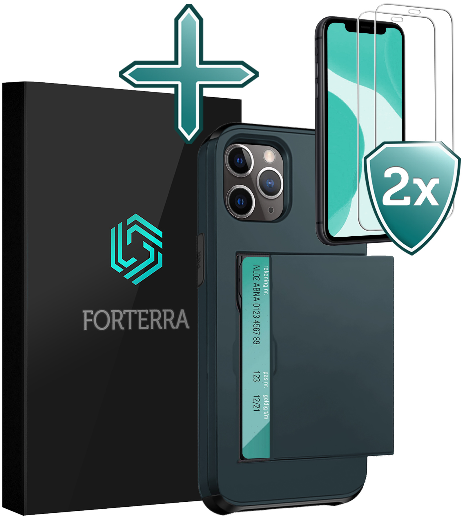 Forterra Hoesje Geschikt voor iPhone 11 Pro Pashouder Hard Case Hoes Met 2x Screenprotector - Hoes Geschikt voor iPhone 11 Pro Hoesje Back Cover Met Pasjeshouder - Donker Blauw