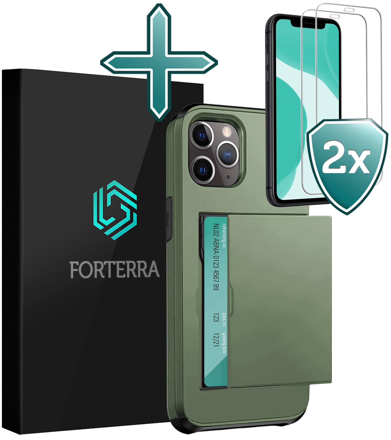Forterra Hoesje Geschikt voor iPhone 11 Pro Pashouder Hard Case Hoes Met 2x Screenprotector - Hoes Geschikt voor iPhone 11 Pro Hoesje Back Cover Met Pasjeshouder - Donker Groen