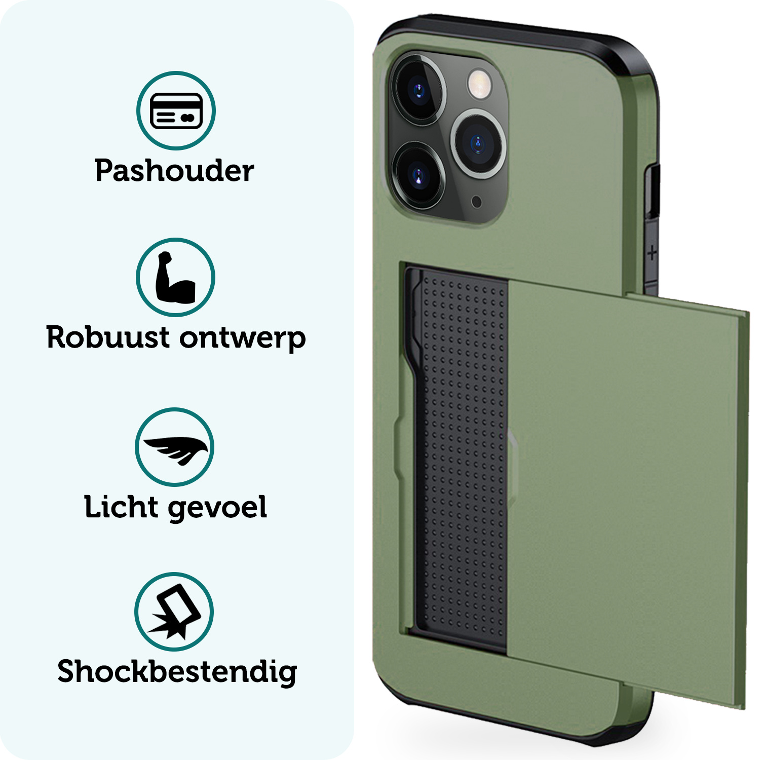 Forterra Hoesje Geschikt voor iPhone 11 Pro Pashouder Hard Case Hoes Met 2x Screenprotector - Hoes Geschikt voor iPhone 11 Pro Hoesje Back Cover Met Pasjeshouder - Donker Groen