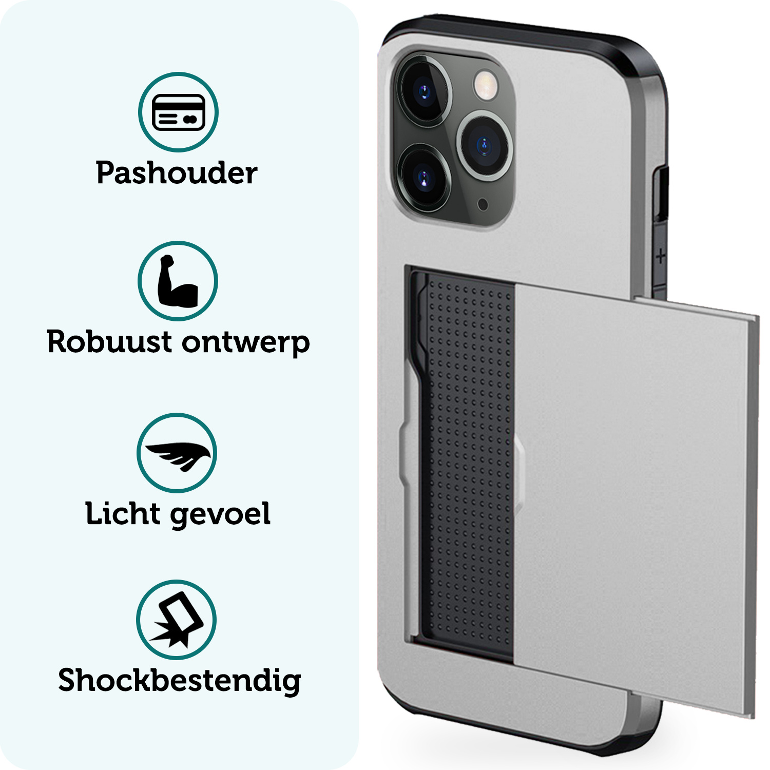 Forterra Hoesje Geschikt voor iPhone 11 Pro Pashouder Hard Case Hoes Met 2x Screenprotector - Hoes Geschikt voor iPhone 11 Pro Hoesje Back Cover Met Pasjeshouder - Grijs