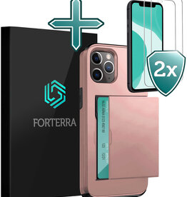 Forterra Forterra iPhone 11 Pro Hoesje Pashouder Hard Met 2x Screenprotector - Rosé Goud