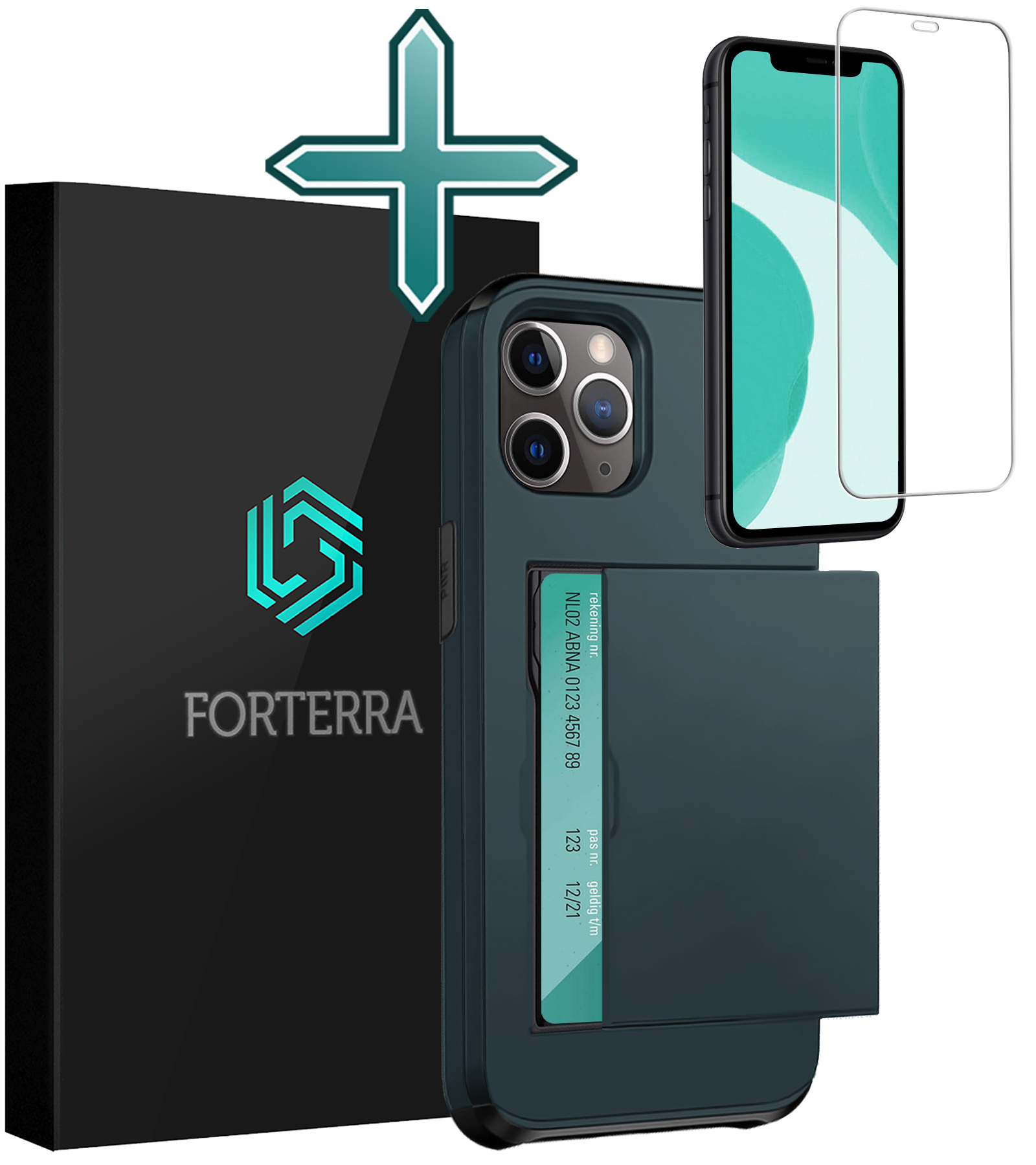 Forterra Hoesje Geschikt voor iPhone 11 Pro Max Pashouder Hard Case Hoes Met Screenprotector - Hoes Geschikt voor iPhone 11 Pro Max Hoesje Back Cover Met Pasjeshouder - Donker Blauw