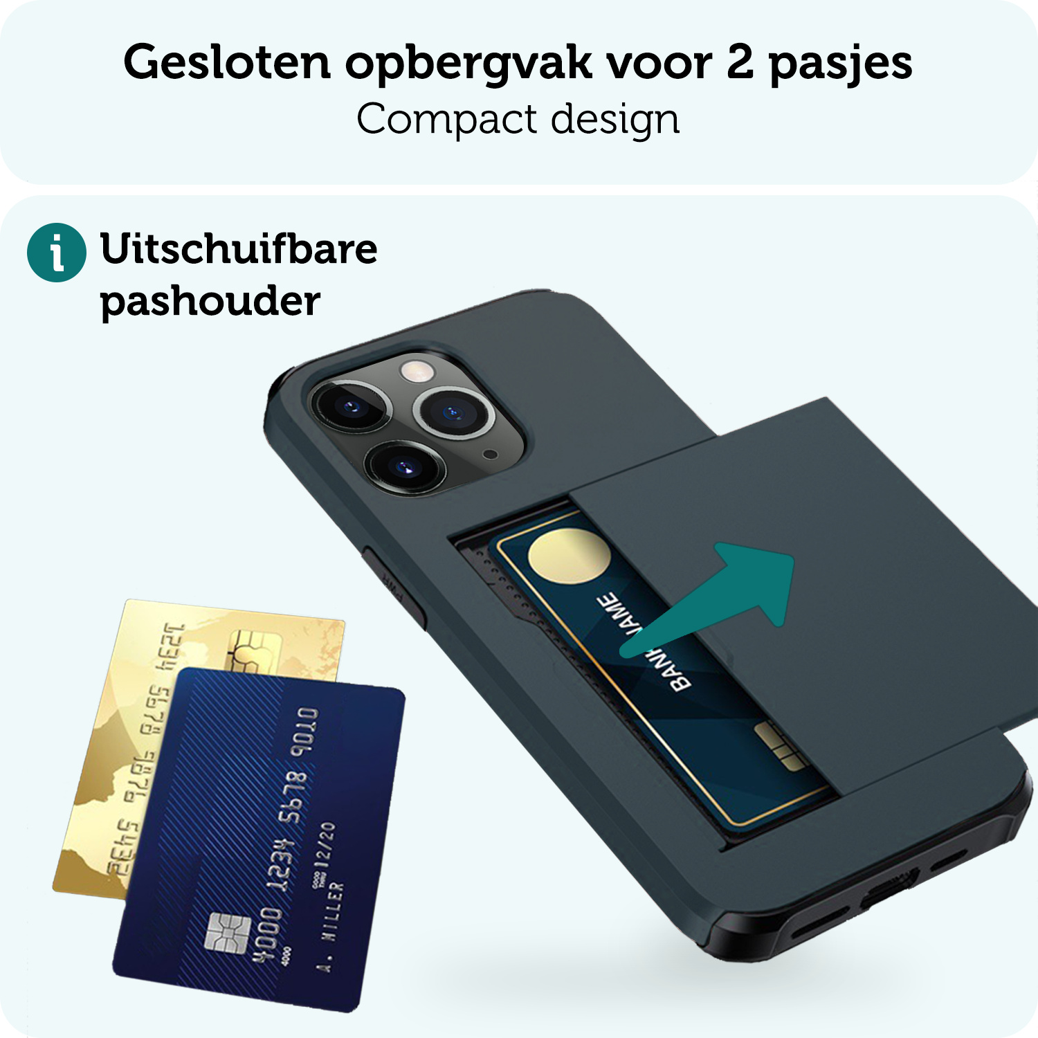 Forterra Hoesje Geschikt voor iPhone 11 Pro Max Pashouder Hard Case Hoes Met Screenprotector - Hoes Geschikt voor iPhone 11 Pro Max Hoesje Back Cover Met Pasjeshouder - Donker Blauw