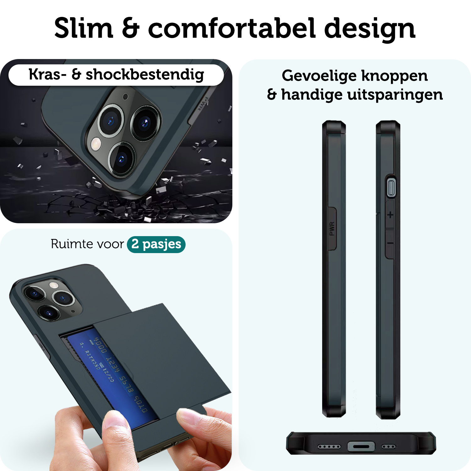 Forterra Hoesje Geschikt voor iPhone 11 Pro Max Pashouder Hard Case Hoes Met Screenprotector - Hoes Geschikt voor iPhone 11 Pro Max Hoesje Back Cover Met Pasjeshouder - Donker Blauw