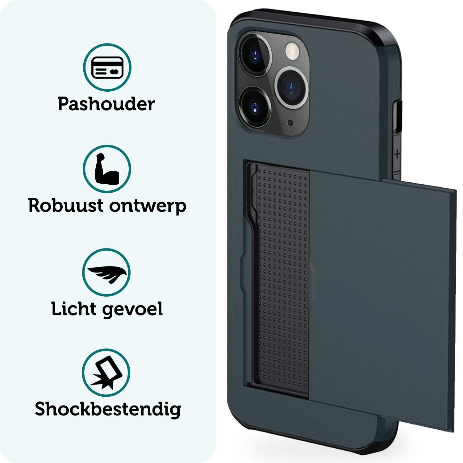 Forterra Hoesje Geschikt voor iPhone 11 Pro Max Pashouder Hard Case Hoes Met Screenprotector - Hoes Geschikt voor iPhone 11 Pro Max Hoesje Back Cover Met Pasjeshouder - Donker Blauw