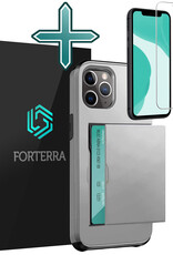 Forterra Hoesje Geschikt voor iPhone 11 Pro Max Pashouder Hard Case Hoes Met Screenprotector - Hoes Geschikt voor iPhone 11 Pro Max Hoesje Back Cover Met Pasjeshouder - Grijs