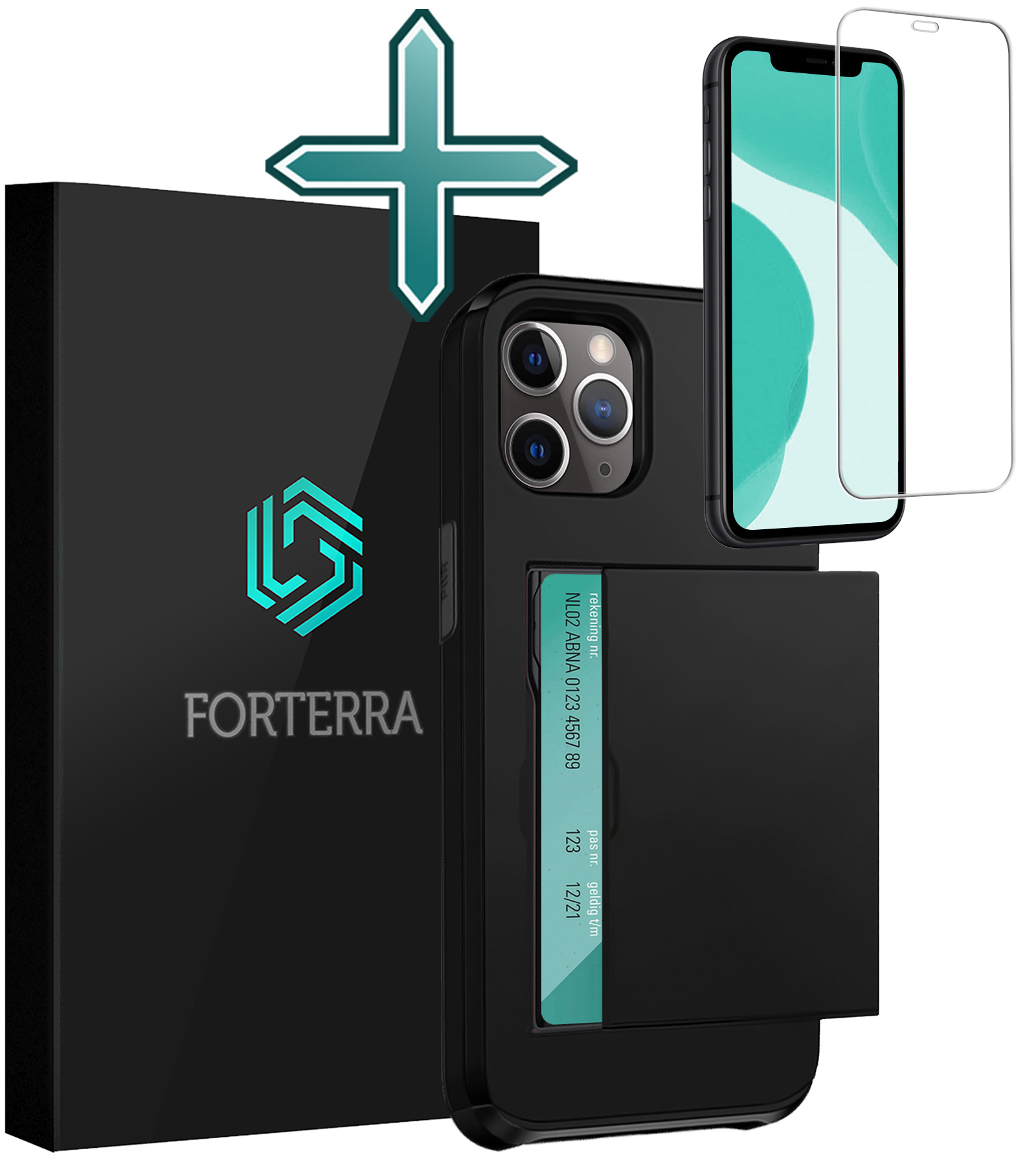 Forterra Hoesje Geschikt voor iPhone 11 Pro Max Pashouder Hard Case Hoes Met Screenprotector - Hoes Geschikt voor iPhone 11 Pro Max Hoesje Back Cover Met Pasjeshouder - Zwart