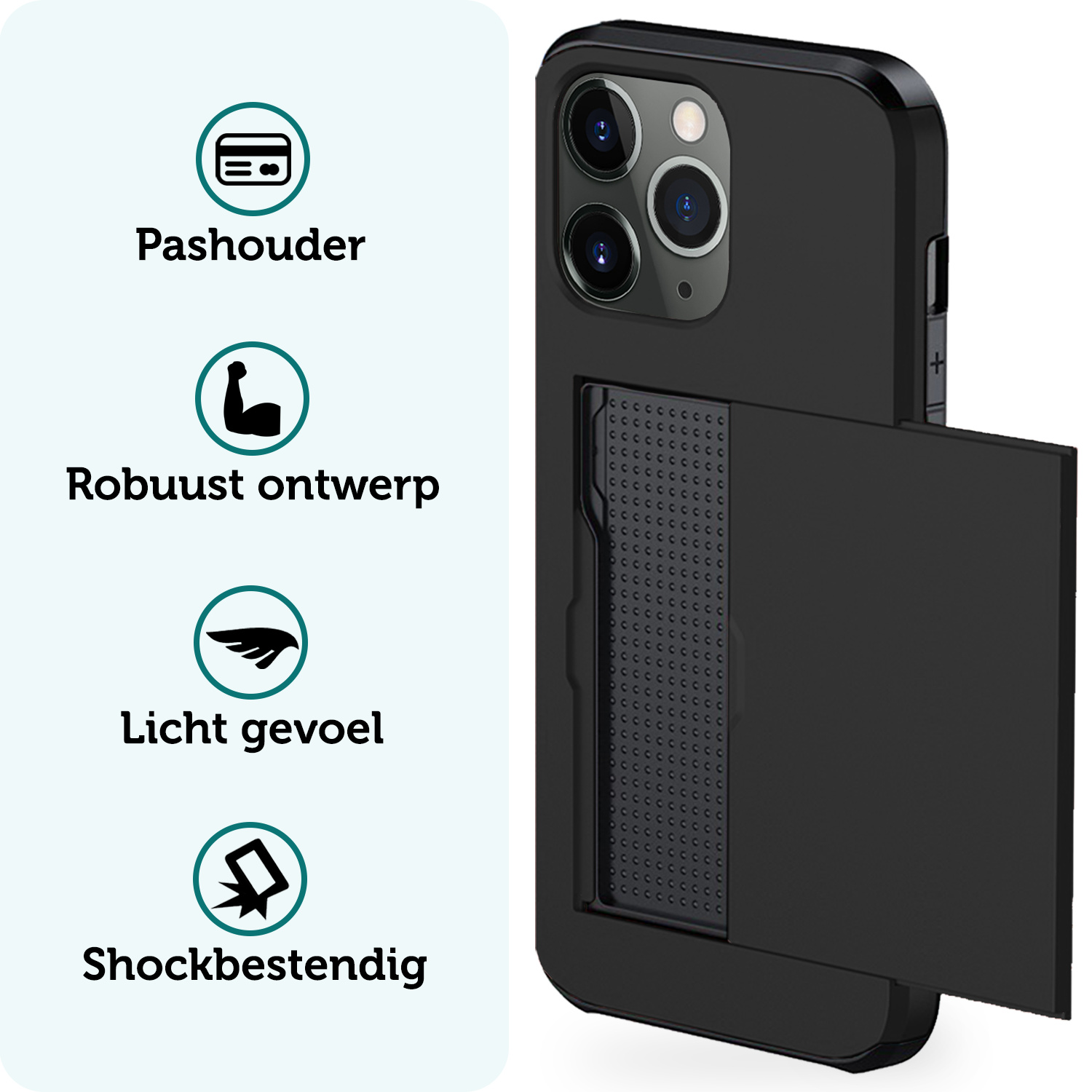 Forterra Hoesje Geschikt voor iPhone 11 Pro Max Pashouder Hard Case Hoes Met Screenprotector - Hoes Geschikt voor iPhone 11 Pro Max Hoesje Back Cover Met Pasjeshouder - Zwart
