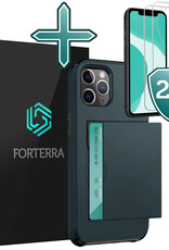 Forterra Hoesje Geschikt voor iPhone 11 Pro Max Pashouder Hard Case Hoes Met 2x Screenprotector - Hoes Geschikt voor iPhone 11 Pro Max Hoesje Back Cover Met Pasjeshouder - Donker Blauw