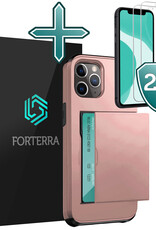 Forterra Hoesje Geschikt voor iPhone 11 Pro Max Pashouder Hard Case Hoes Met 2x Screenprotector - Hoes Geschikt voor iPhone 11 Pro Max Hoesje Back Cover Met Pasjeshouder - Rosé Goud