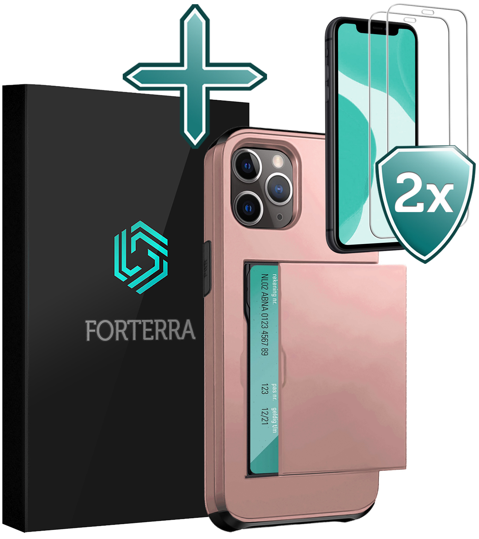 Forterra Hoesje Geschikt voor iPhone 11 Pro Max Pashouder Hard Case Hoes Met 2x Screenprotector - Hoes Geschikt voor iPhone 11 Pro Max Hoesje Back Cover Met Pasjeshouder - Rosé Goud