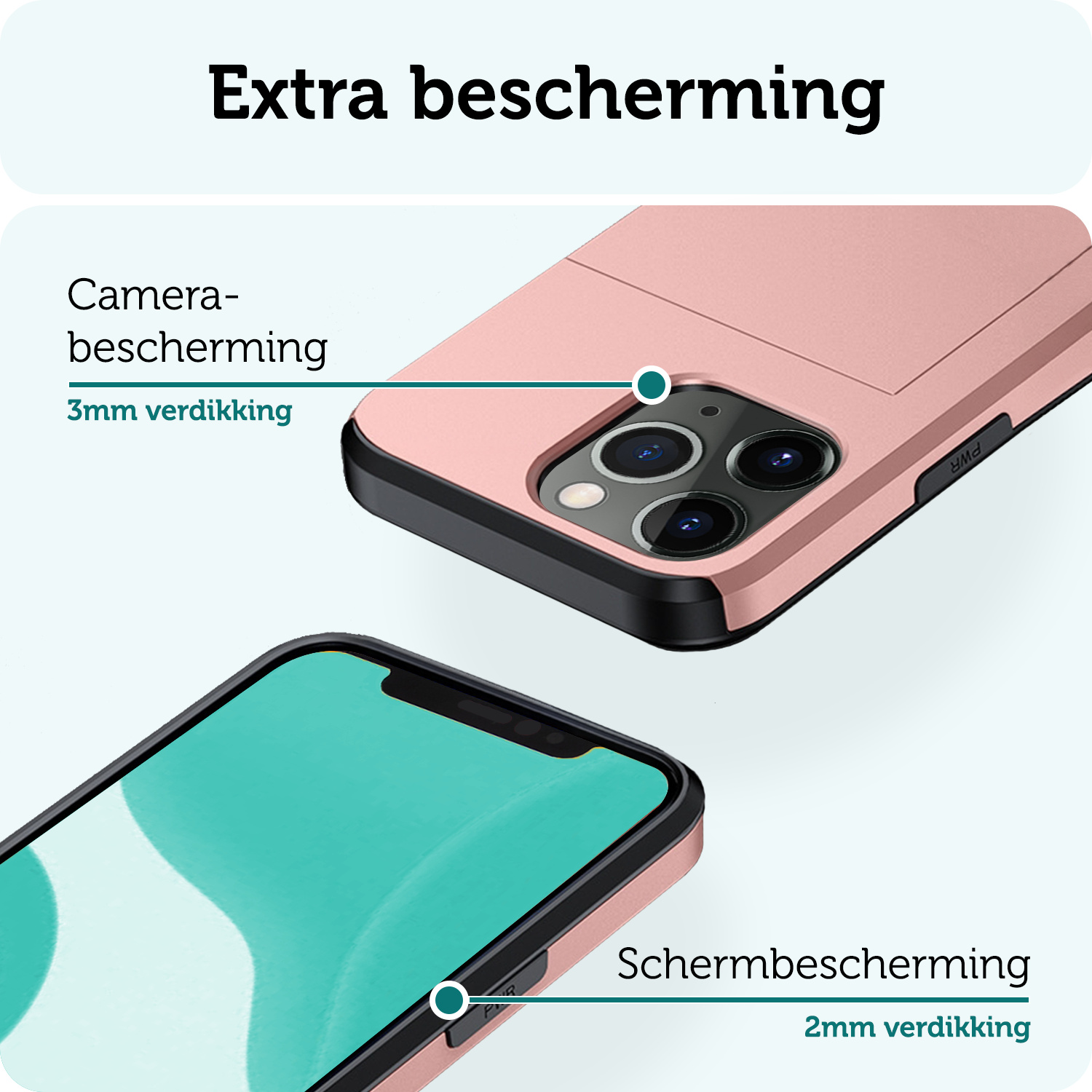 Forterra Hoesje Geschikt voor iPhone 11 Pro Max Pashouder Hard Case Hoes Met 2x Screenprotector - Hoes Geschikt voor iPhone 11 Pro Max Hoesje Back Cover Met Pasjeshouder - Rosé Goud