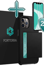 Forterra Hoesje Geschikt voor iPhone 11 Pro Max Pashouder Hard Case Hoes Met 2x Screenprotector - Hoes Geschikt voor iPhone 11 Pro Max Hoesje Back Cover Met Pasjeshouder - Zwart