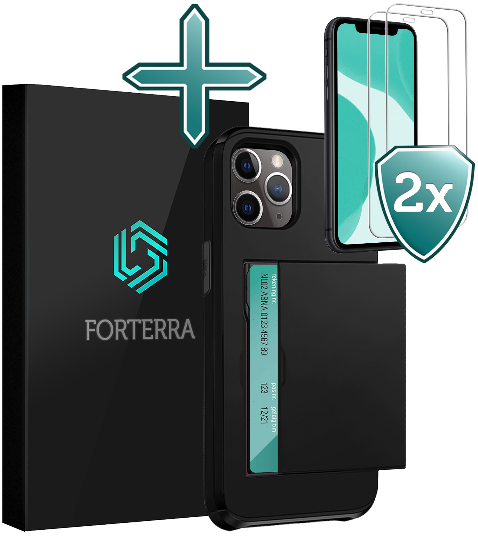 Forterra Hoesje Geschikt voor iPhone 11 Pro Max Pashouder Hard Case Hoes Met 2x Screenprotector - Hoes Geschikt voor iPhone 11 Pro Max Hoesje Back Cover Met Pasjeshouder - Zwart