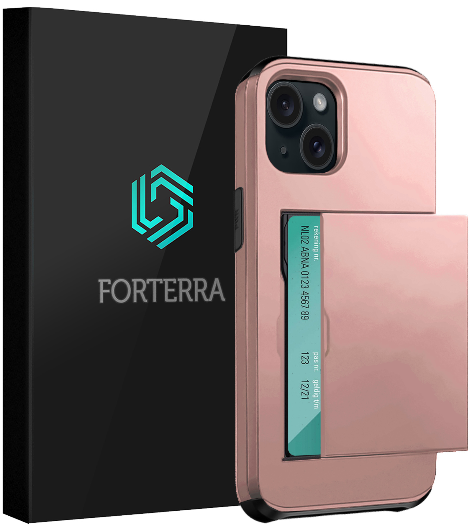 Forterra Hoesje Geschikt voor iPhone 14 Pashouder Hard Case Hoes - Hoes Geschikt voor iPhone 14 Hoesje Back Cover Met Pasjeshouder - Rosé Goud