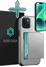 Forterra Hoesje Geschikt voor iPhone 14 Pashouder Hard Case Hoes Met Screenprotector - Hoes Geschikt voor iPhone 14 Hoesje Back Cover Met Pasjeshouder - Grijs