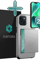 Forterra Hoesje Geschikt voor iPhone 14 Pashouder Hard Case Hoes Met 2x Screenprotector - Hoes Geschikt voor iPhone 14 Hoesje Back Cover Met Pasjeshouder - Grijs