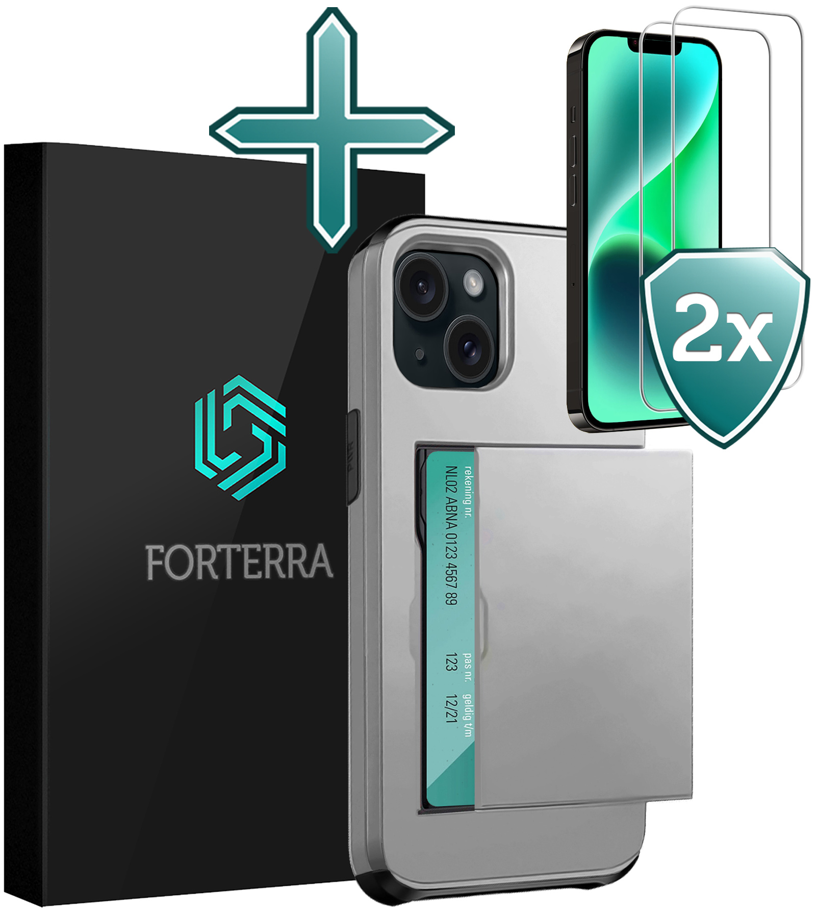 Forterra Hoesje Geschikt voor iPhone 14 Pashouder Hard Case Hoes Met 2x Screenprotector - Hoes Geschikt voor iPhone 14 Hoesje Back Cover Met Pasjeshouder - Grijs