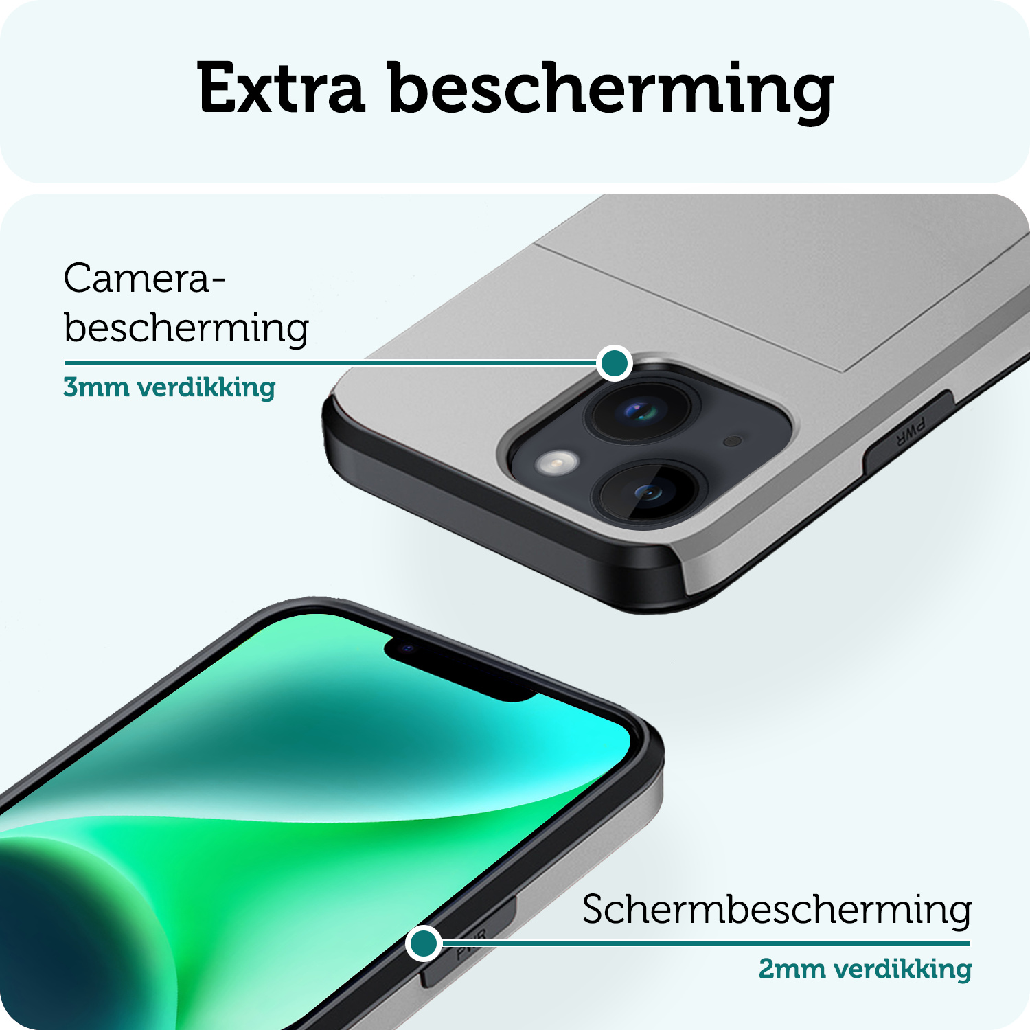 Forterra Hoesje Geschikt voor iPhone 14 Pashouder Hard Case Hoes Met 2x Screenprotector - Hoes Geschikt voor iPhone 14 Hoesje Back Cover Met Pasjeshouder - Grijs