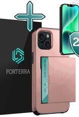 Forterra Hoesje Geschikt voor iPhone 14 Pashouder Hard Case Hoes Met 2x Screenprotector - Hoes Geschikt voor iPhone 14 Hoesje Back Cover Met Pasjeshouder - Rosé Goud
