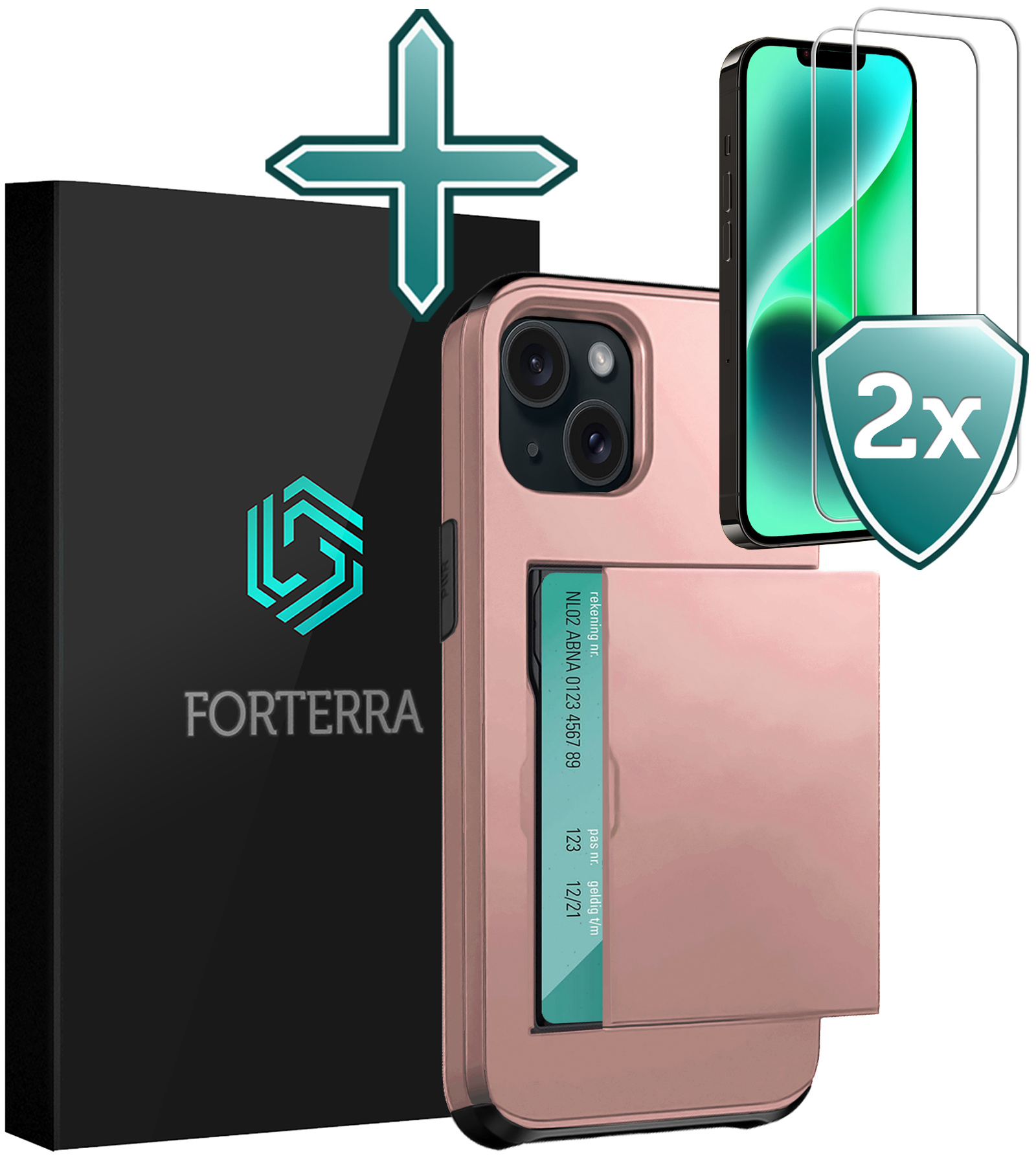 Forterra Hoesje Geschikt voor iPhone 14 Pashouder Hard Case Hoes Met 2x Screenprotector - Hoes Geschikt voor iPhone 14 Hoesje Back Cover Met Pasjeshouder - Rosé Goud