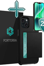 Forterra Hoesje Geschikt voor iPhone 14 Pashouder Hard Case Hoes Met 2x Screenprotector - Hoes Geschikt voor iPhone 14 Hoesje Back Cover Met Pasjeshouder - Zwart