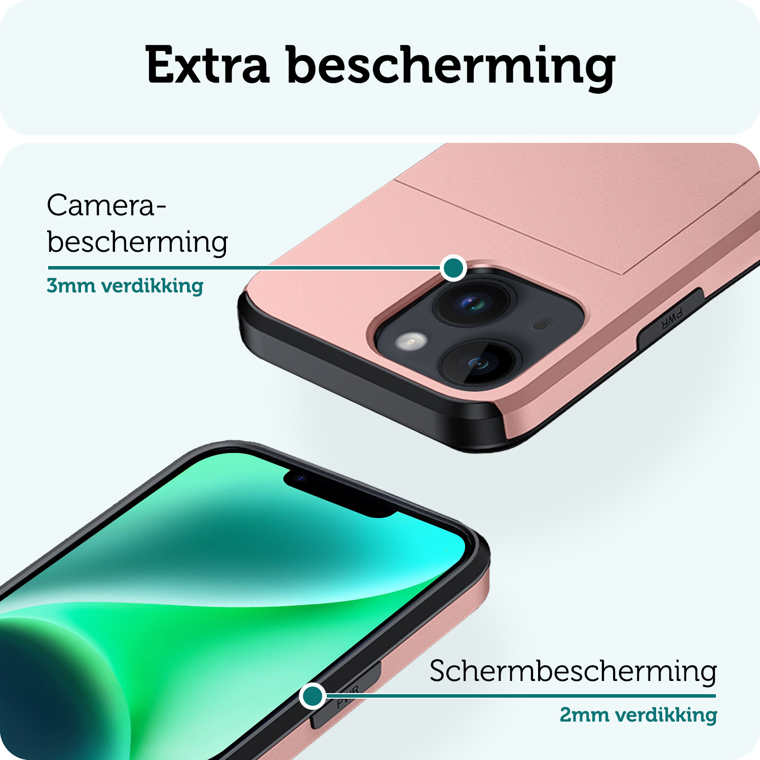 Forterra Hoesje Geschikt voor iPhone 14 Plus Pashouder Hard Case Hoes - Hoes Geschikt voor iPhone 14 Plus Hoesje Back Cover Met Pasjeshouder - Rosé Goud