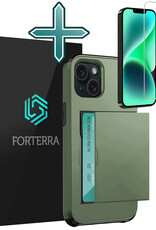 Forterra Hoesje Geschikt voor iPhone 14 Plus Pashouder Hard Case Hoes Met Screenprotector - Hoes Geschikt voor iPhone 14 Plus Hoesje Back Cover Met Pasjeshouder - Donker Groen