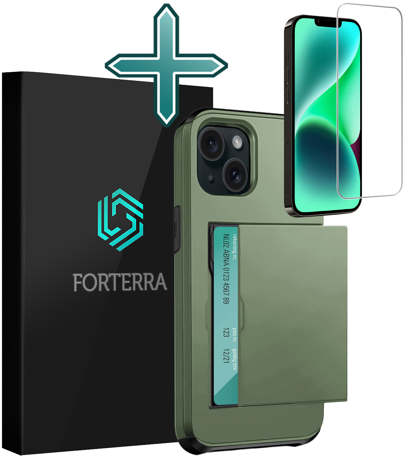 Forterra Hoesje Geschikt voor iPhone 14 Plus Pashouder Hard Case Hoes Met Screenprotector - Hoes Geschikt voor iPhone 14 Plus Hoesje Back Cover Met Pasjeshouder - Donker Groen